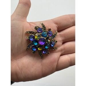 Vintage Gold Tone Aurora Borealis Pink Blue Purple Filigree Rhinestone Brooch